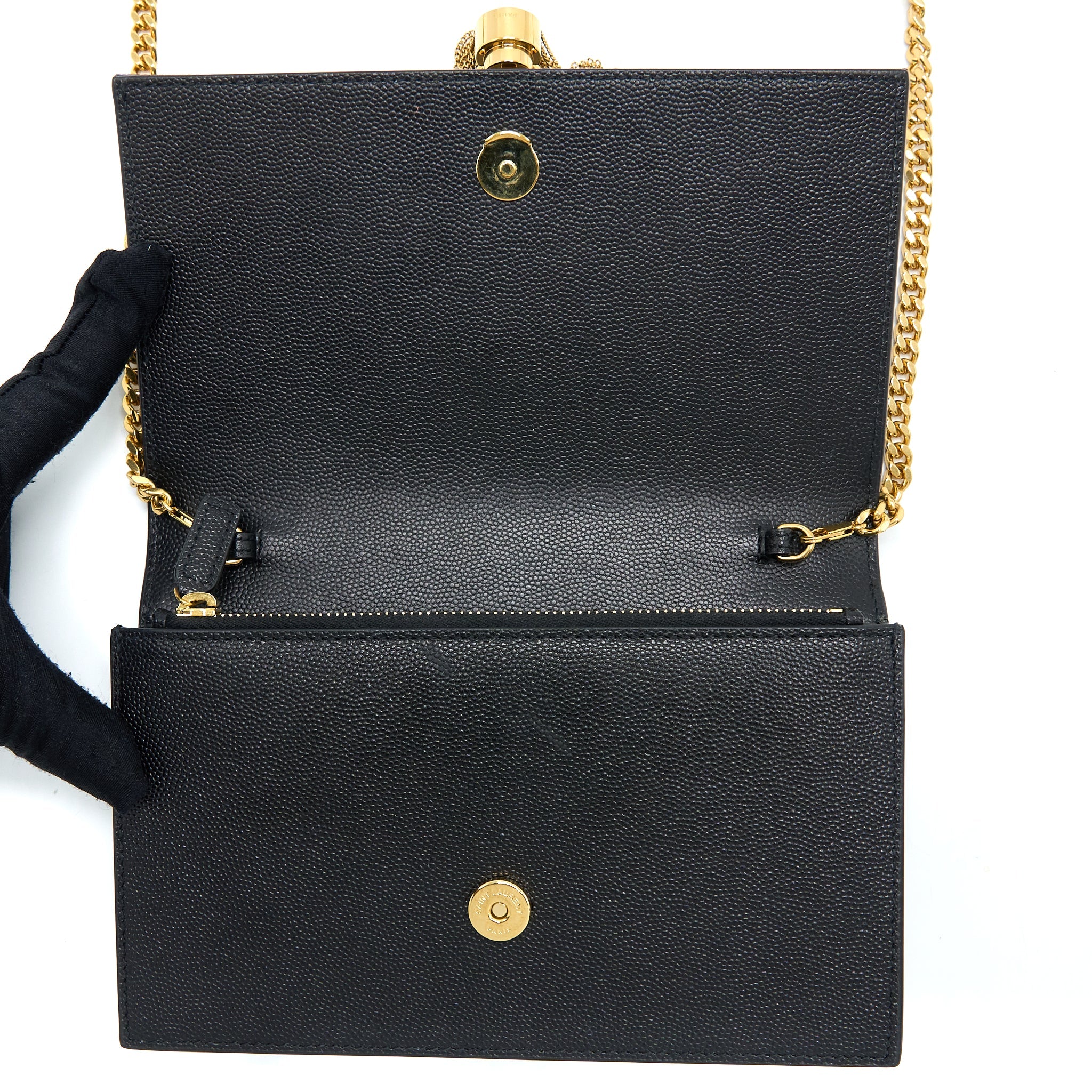 SAINT LAURENT KATE CHAIN WALLET WITH TASSEL GRAINED CALFSKIN BLACK GHW