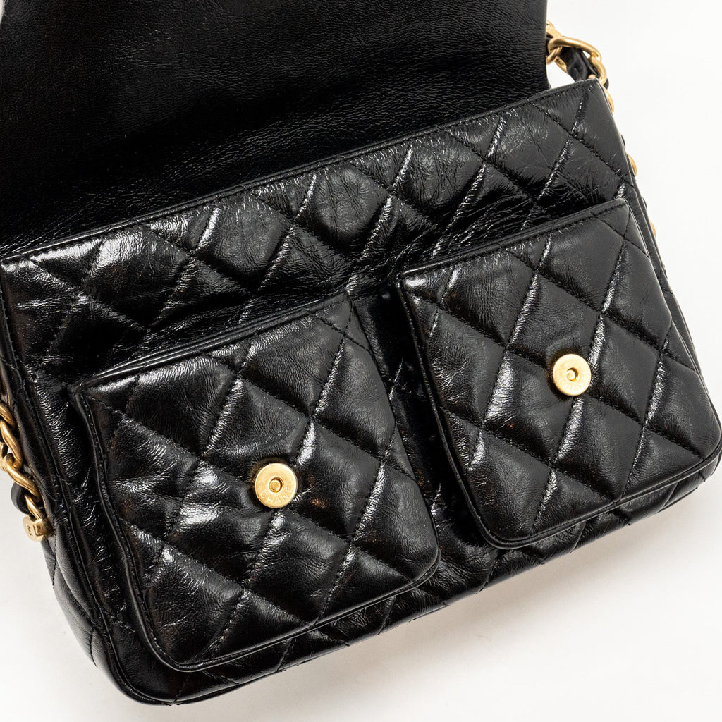 CHANEL DOUBLE POCKET TOP HANDLE MESSANGER BAG SHINY CALFSKIN BLACK GHW (MICROCHIP)