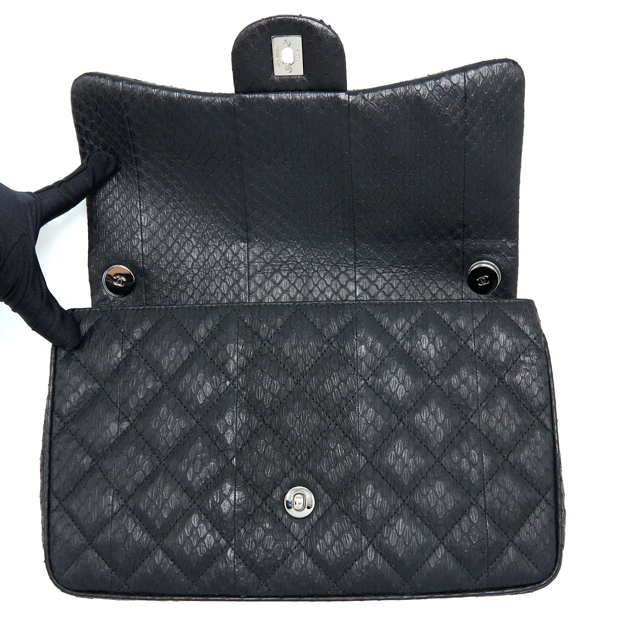 CHANEL TOP HANDLE FLAP BAG PYTHON BLACK SHW