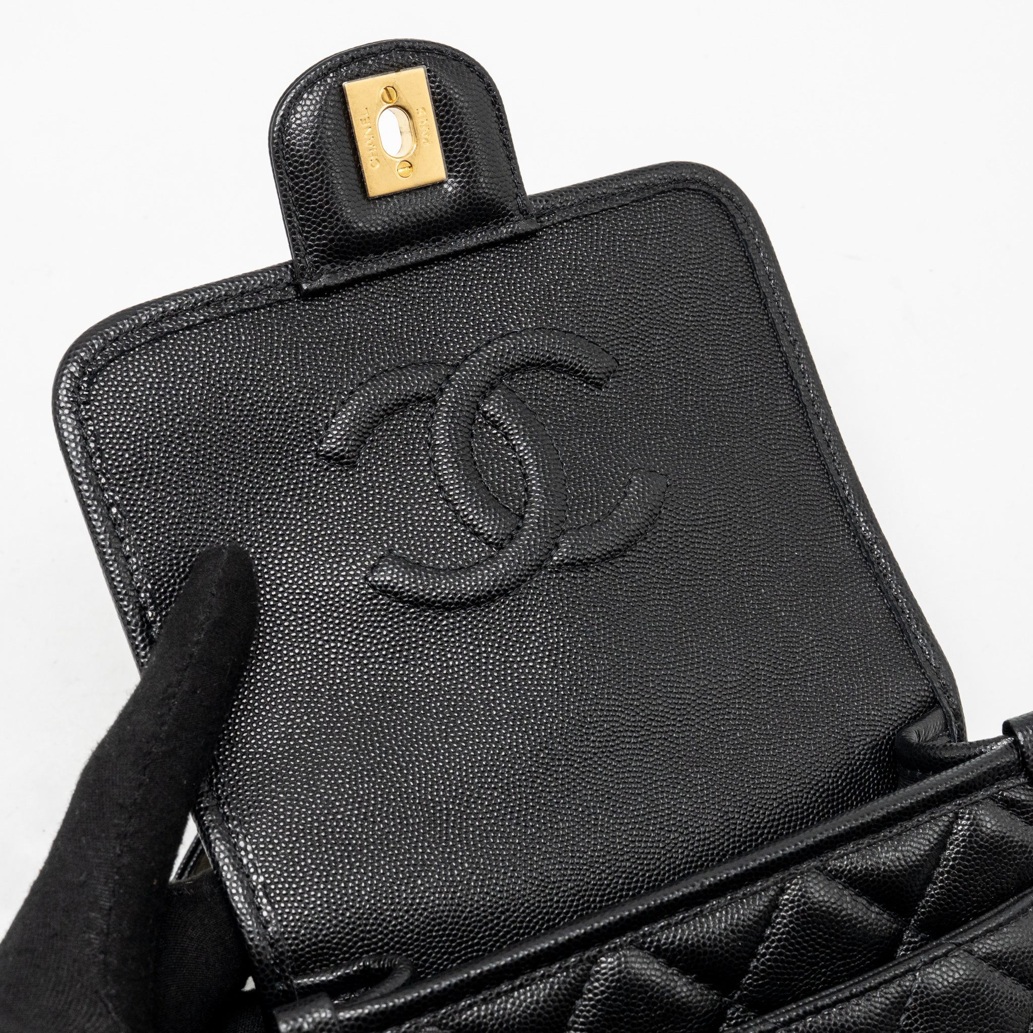 CHANEL 22K MINI FLAP BAG WITH TOP HANDLE CAVIAR BLACK GHW (MICROCHIP)