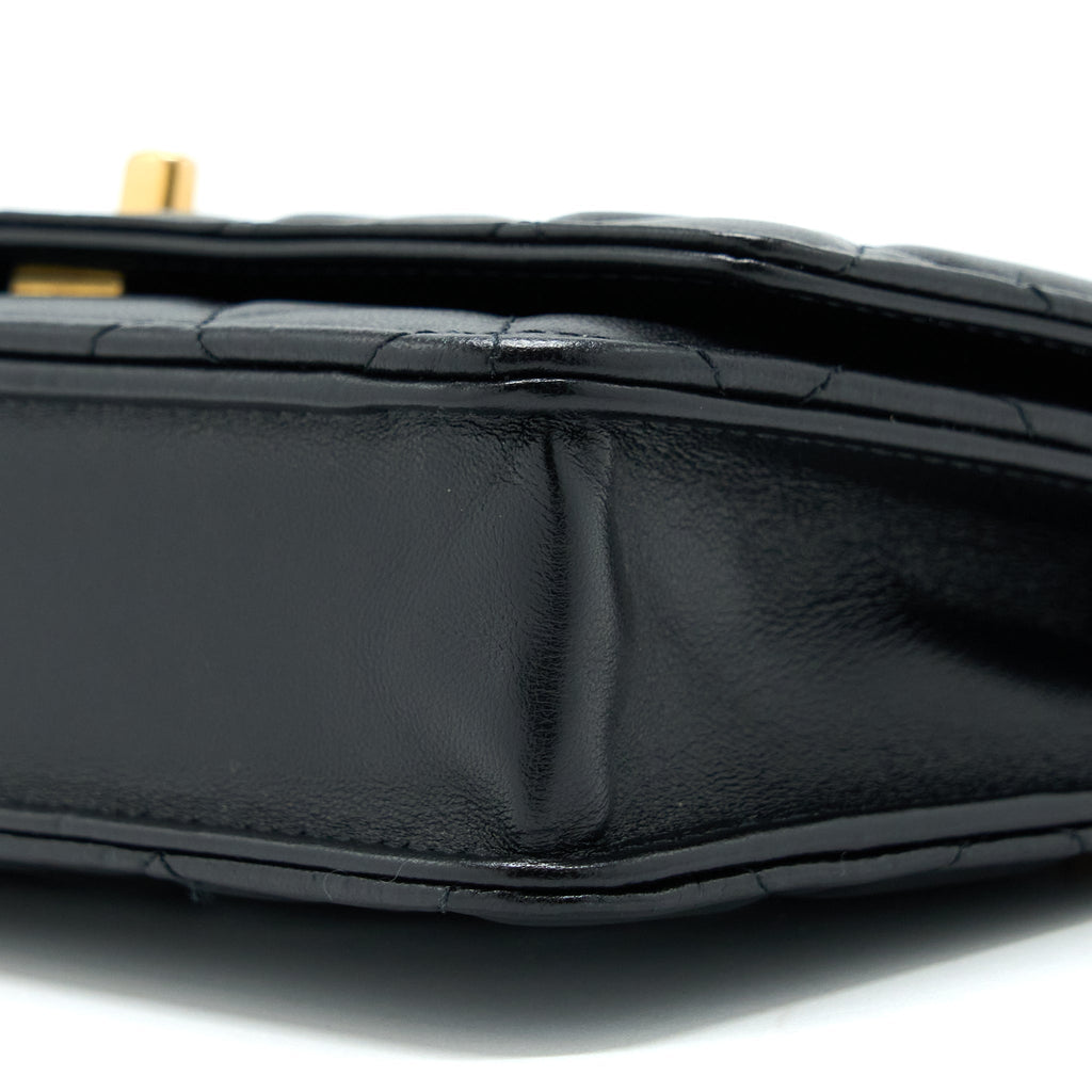 CHANEL 21S WALLET ON CHAIN WITH PEARL/CC LOGO ROUND HANDLE LAMBSKIN BLACK BRUSHED GHW
