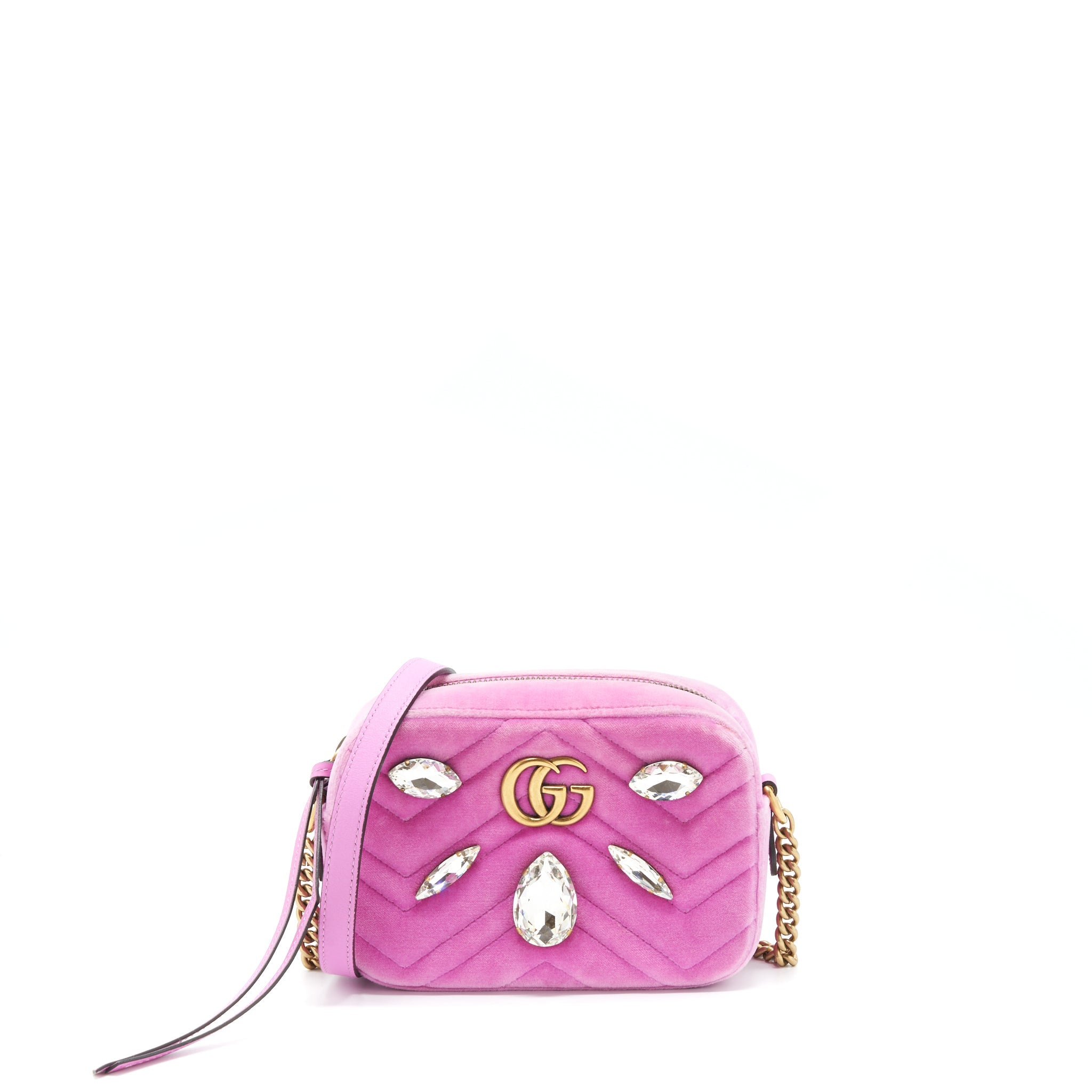 GUCCI GG MARMONT CAMERA BAG VELVET PINK WITH CRYSTAL GHW