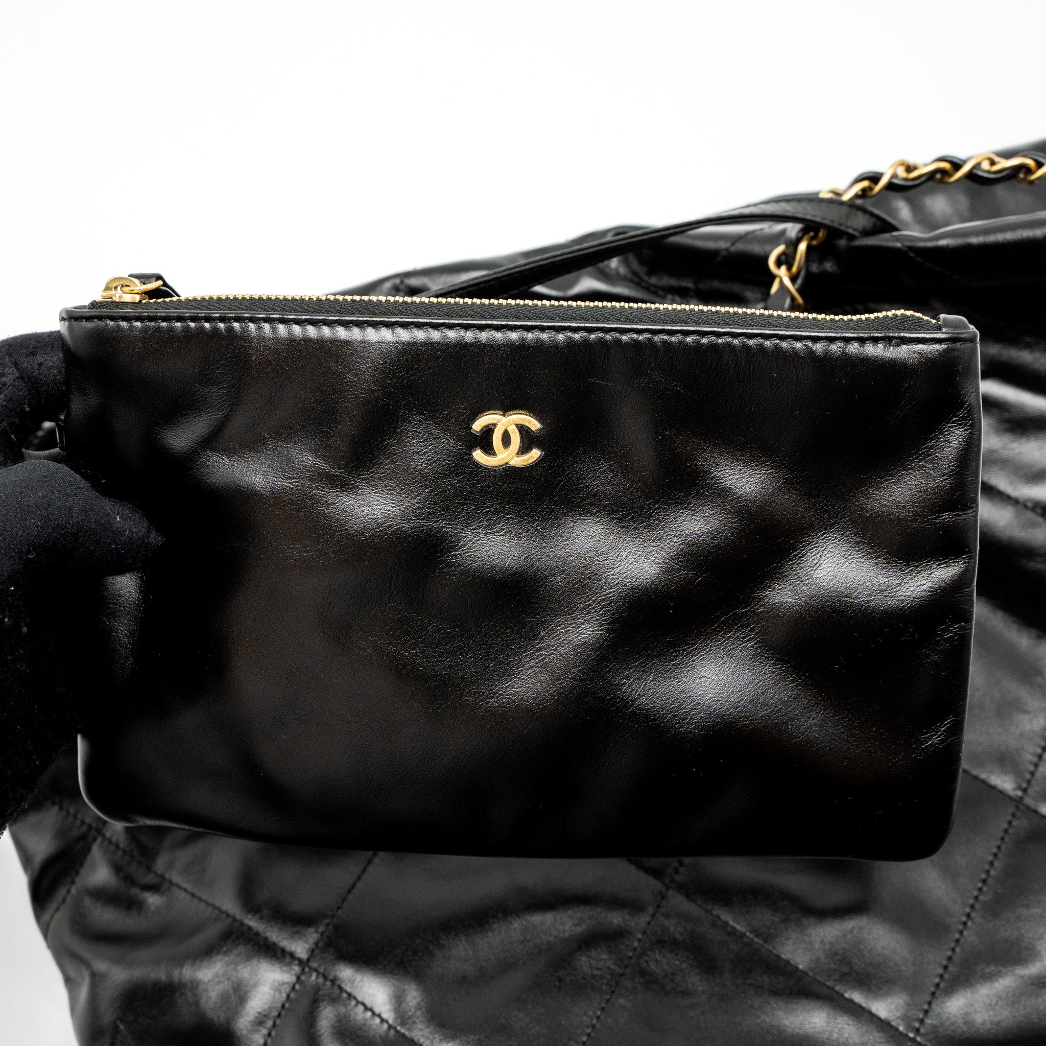 CHANEL SMALL 22 BAG SHINY CALFSKIN BLACK GHW (MICROCHIP)