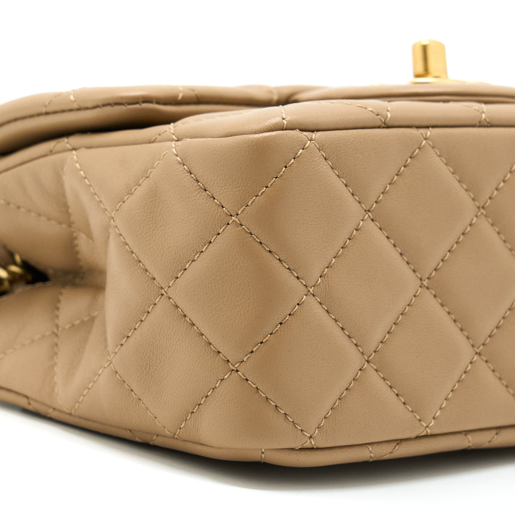 CHANEL PEARL CRUSH MINI SQUARE FLAP BAG LAMBSKIN DARK BEIGE GHW(MICROCHIP)
