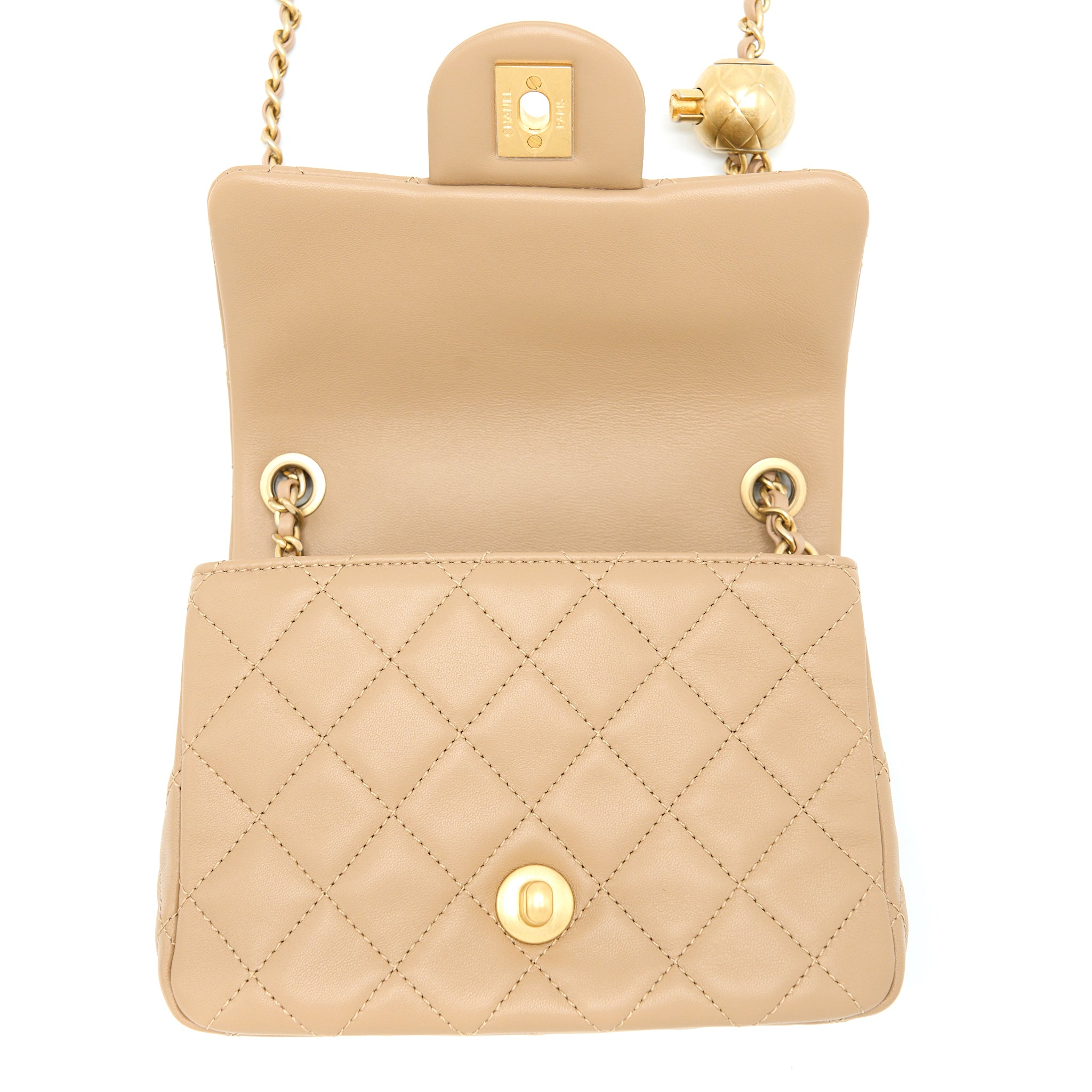 CHANEL PEARL CRUSH MINI SQUARE FLAP BAG LAMBSKIN DARK BEIGE GHW(MICROCHIP)