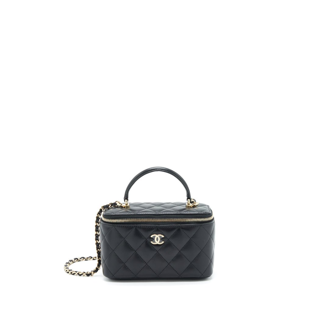 CHANEL TOP HANDLE LONG VANITY WITH CHAIN LAMBSKIN BLACK GHW