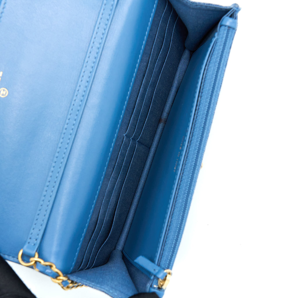 CHANEL DENIM PEARL CRUSH WALLET ON CHAIN DENIM BLUE BRUSHED GHW