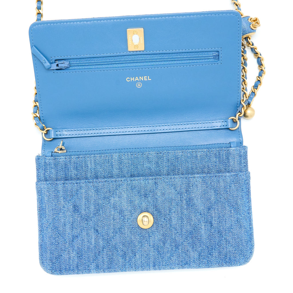 CHANEL DENIM PEARL CRUSH WALLET ON CHAIN DENIM BLUE BRUSHED GHW