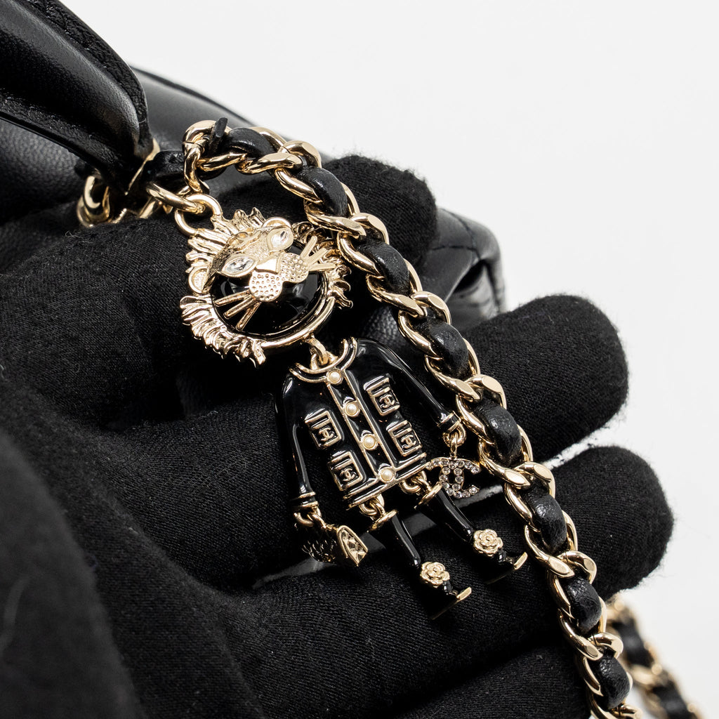 CHANEL TOP HANDLE MINI RECTANGULAR WITH DETAILED CHARM LAMBSKIN BLACK LGHW (MICROCHIP)