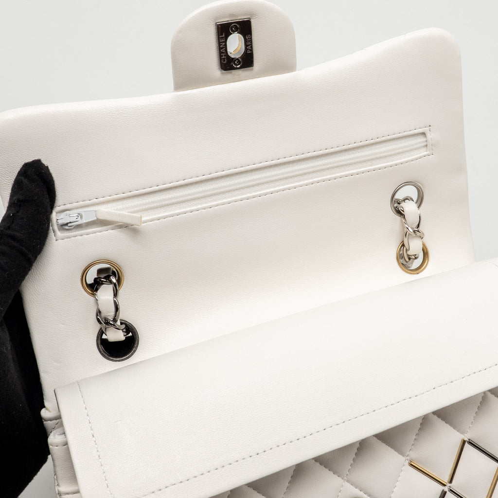 CHANEL BICOLOR METAL SMALL CLASSIC DOUBLE FLAP BAG LAMBSKIN WHITE MULITCOLOUR HARDWARE