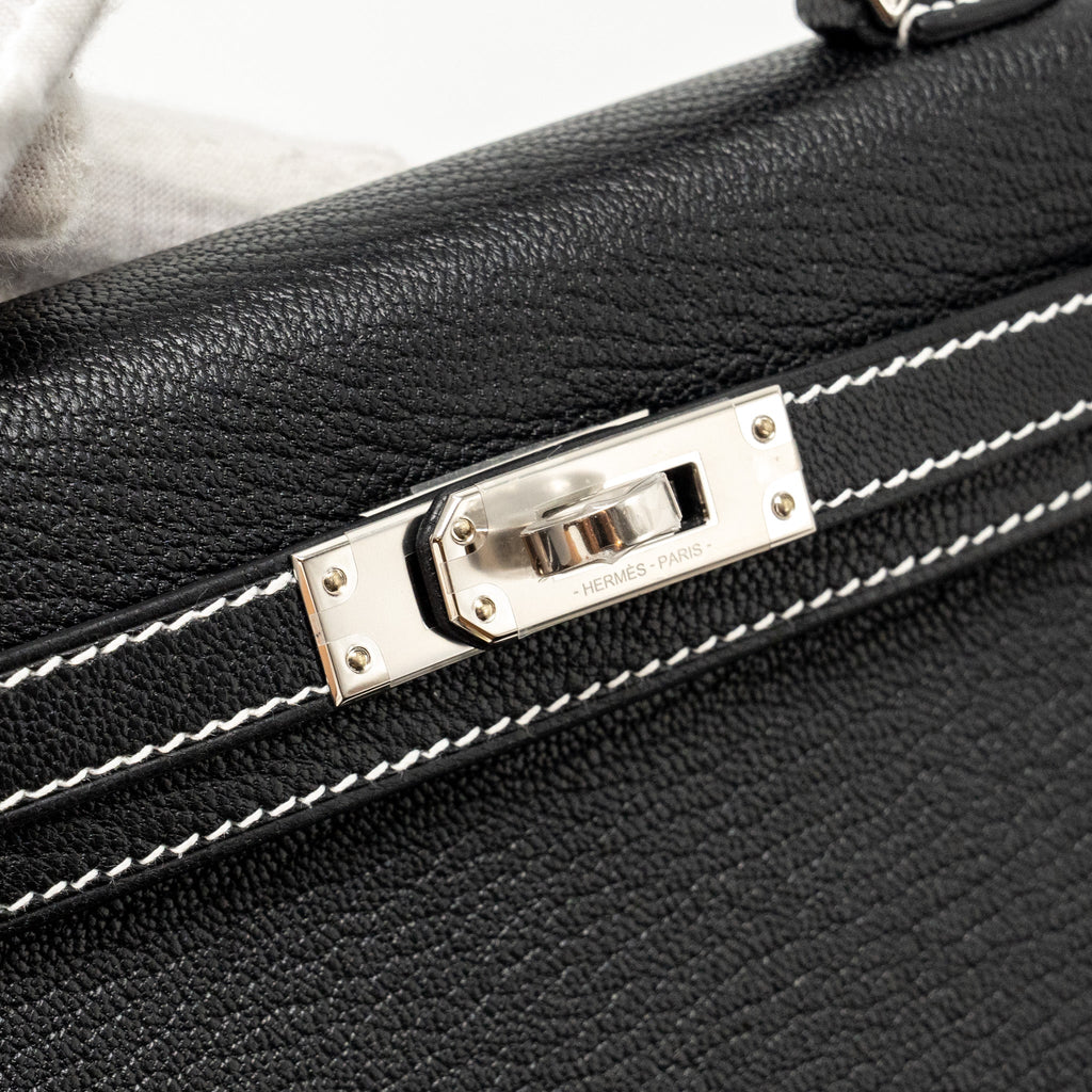 HERMES MINI KELLY II SPECIAL ORDER CHEVRE MYSORE BLACK / GRIS PERLE WHITE STITCHING SHW