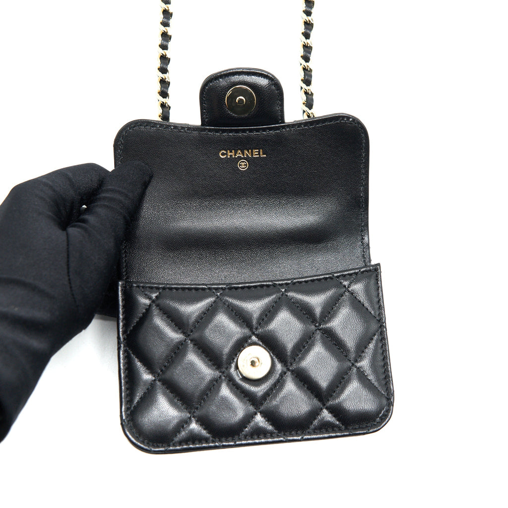 CHANEL 21K FLAP COIN PURSE WITH CHAIN BLACK LGHW