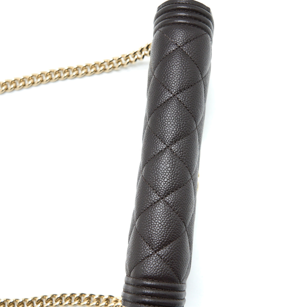 CHANEL BOY WALLET ON CHAIN GRAINED CALFSKIN BROWN LGHW (MICROCHIP)