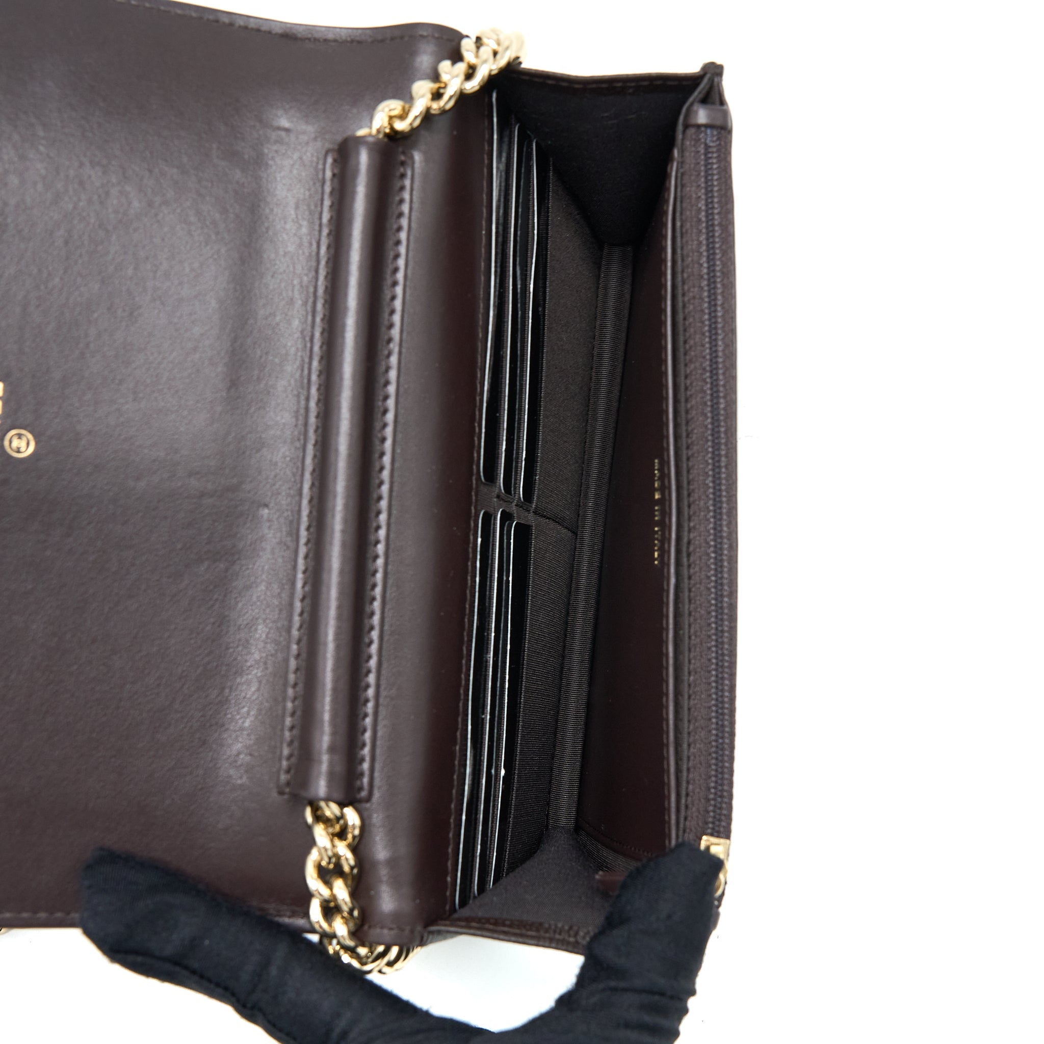 CHANEL BOY WALLET ON CHAIN GRAINED CALFSKIN BROWN LGHW (MICROCHIP)