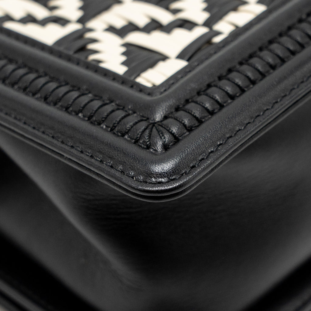 CHANEL MEDIUM BOY BAG WOVEN BLACK/WHITE RUTHENIUM HARDWARE