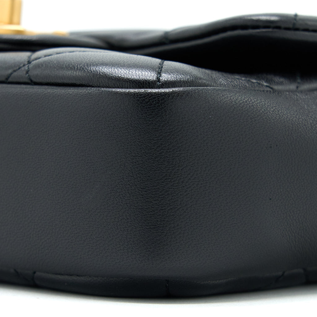 CHANEL CIRCULAR HANDLE QUILTED FLAP BAG LAMBSKIN BLACK BRUSHED GHW