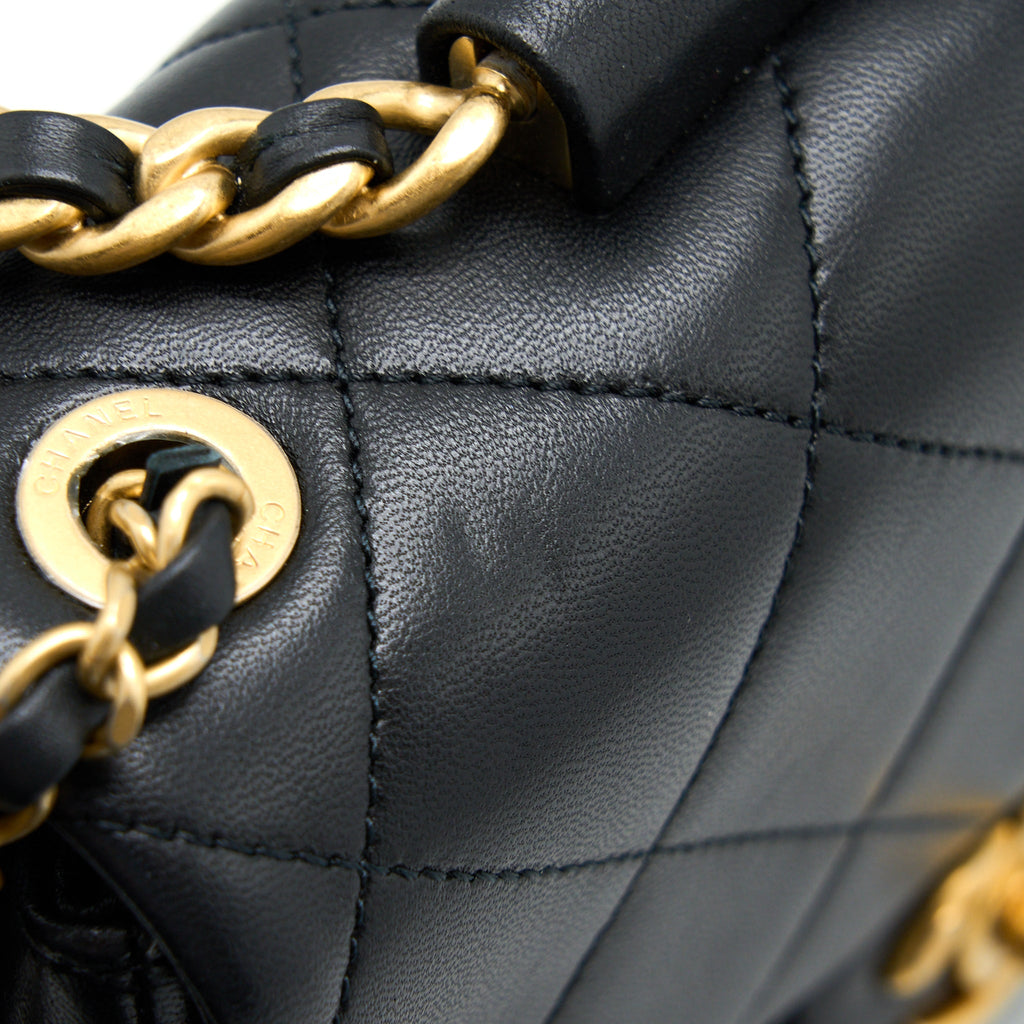 CHANEL CIRCULAR HANDLE QUILTED FLAP BAG LAMBSKIN BLACK BRUSHED GHW