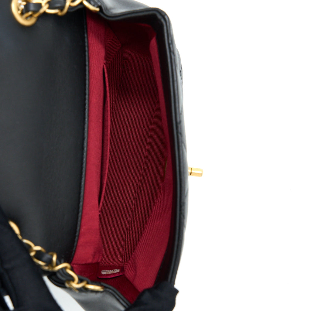 CHANEL CIRCULAR HANDLE QUILTED FLAP BAG LAMBSKIN BLACK BRUSHED GHW