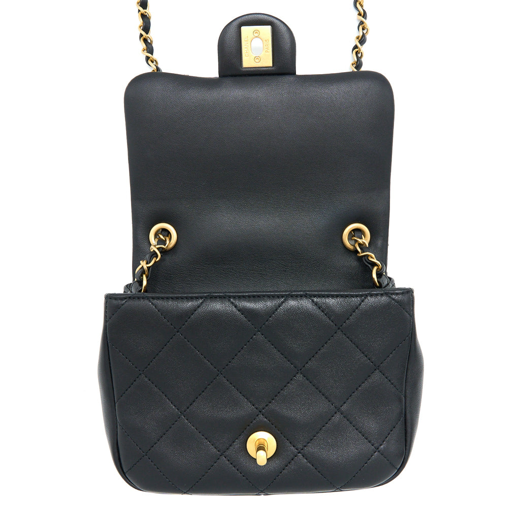 CHANEL CIRCULAR HANDLE QUILTED FLAP BAG LAMBSKIN BLACK BRUSHED GHW