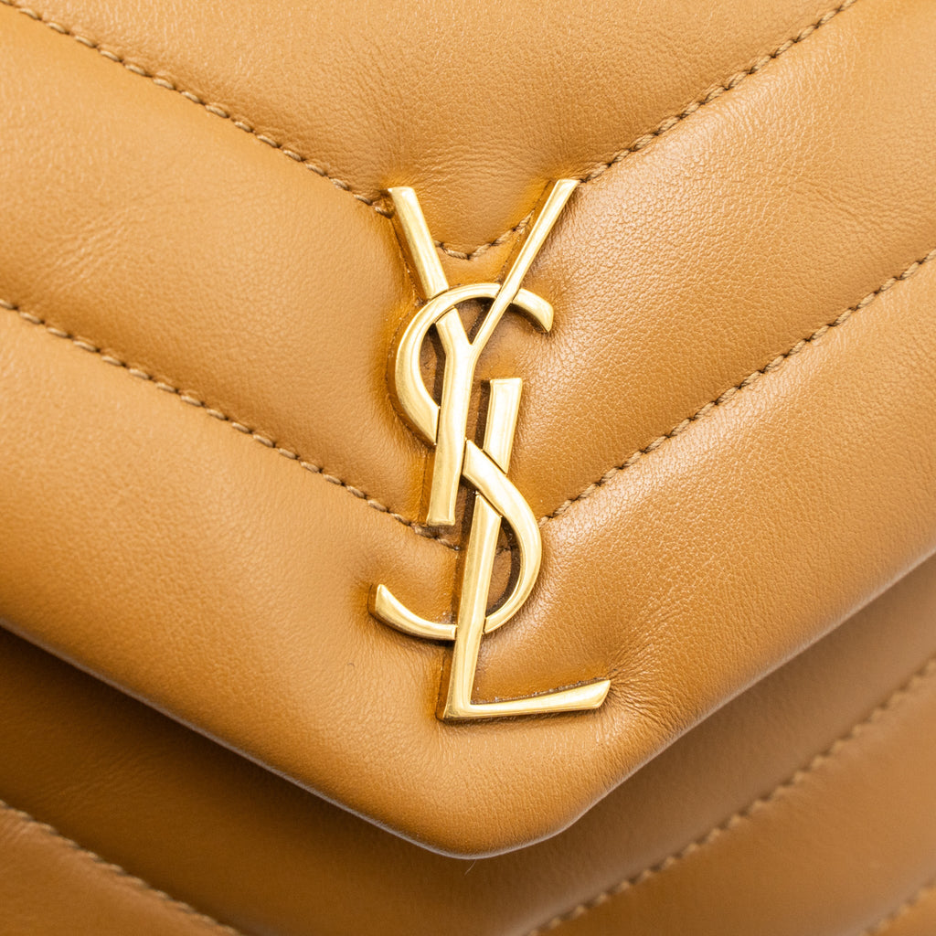 SAINT LAURENT TOY LOULOU TOY STRAP BAG CALFSKIN CARAMEL GHW