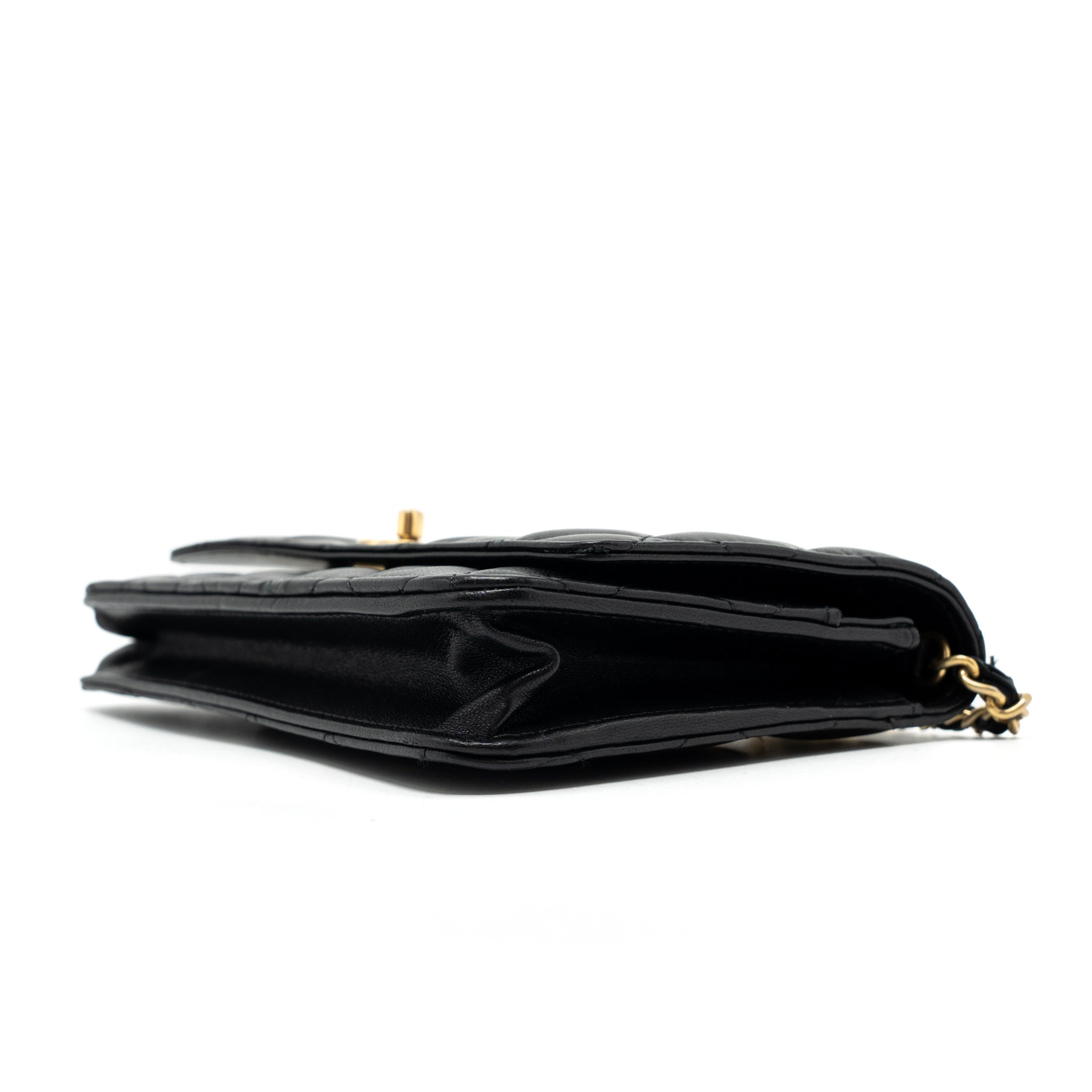 CHANEL PEARL CRUSH WALLET ON CHAIN LAMBSKIN BLACK BRUSHED GHW (MICROCHIP)