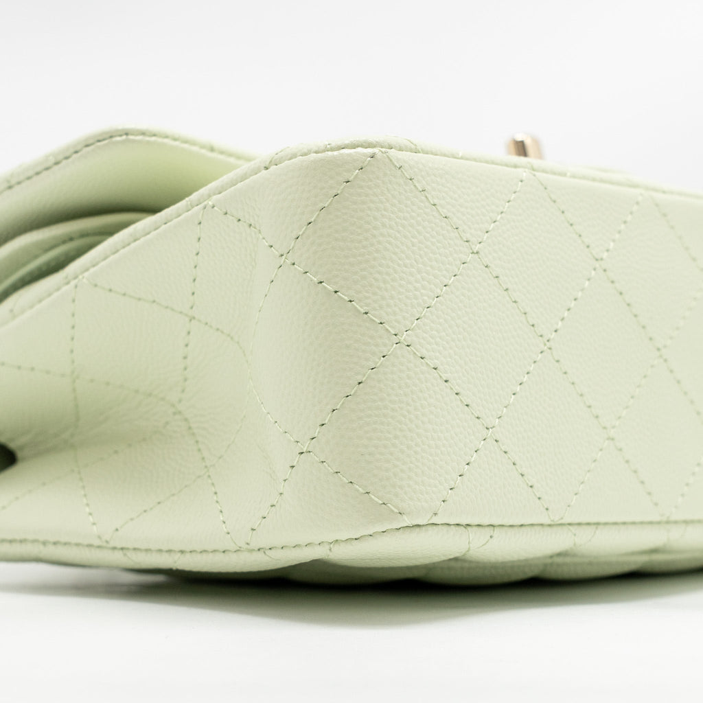 CHANEL SMALL CLASSIC DOUBLE FLAP BAG CAVIAR LIGHT GREEN LGHW (MICROCHIP)