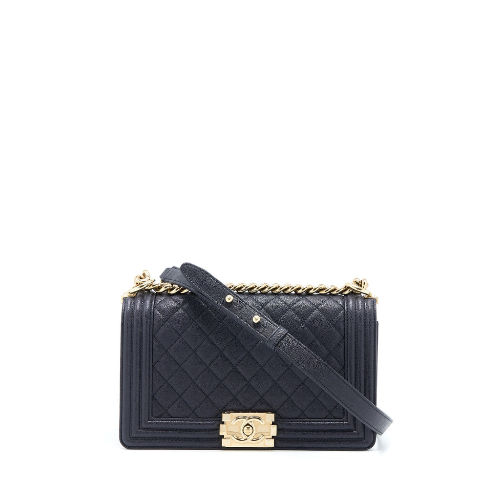 CHANEL MEDIUM BOY BAG GRAINED CALFSKIN DARK BLUE LGHW