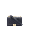 CHANEL MEDIUM BOY BAG GRAINED CALFSKIN DARK BLUE LGHW