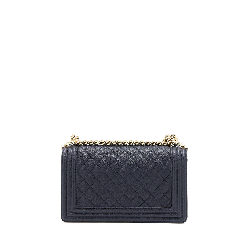 CHANEL MEDIUM BOY BAG GRAINED CALFSKIN DARK BLUE LGHW