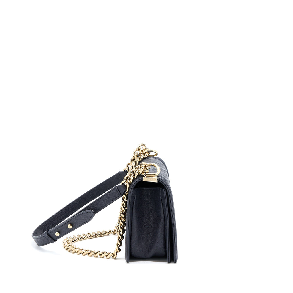 CHANEL MEDIUM BOY BAG GRAINED CALFSKIN DARK BLUE LGHW