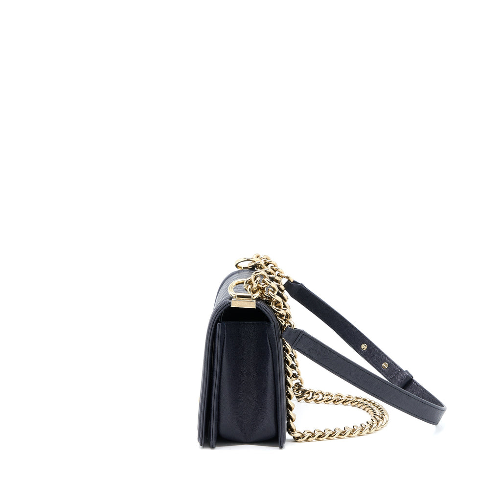 CHANEL MEDIUM BOY BAG GRAINED CALFSKIN DARK BLUE LGHW
