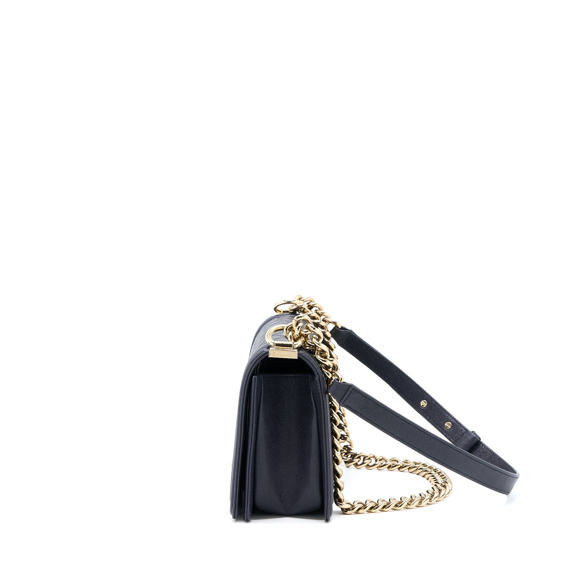 CHANEL MEDIUM BOY BAG GRAINED CALFSKIN DARK BLUE LGHW