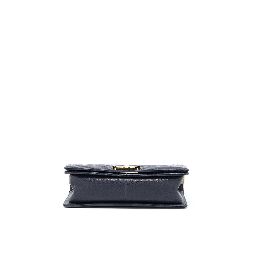 CHANEL MEDIUM BOY BAG GRAINED CALFSKIN DARK BLUE LGHW
