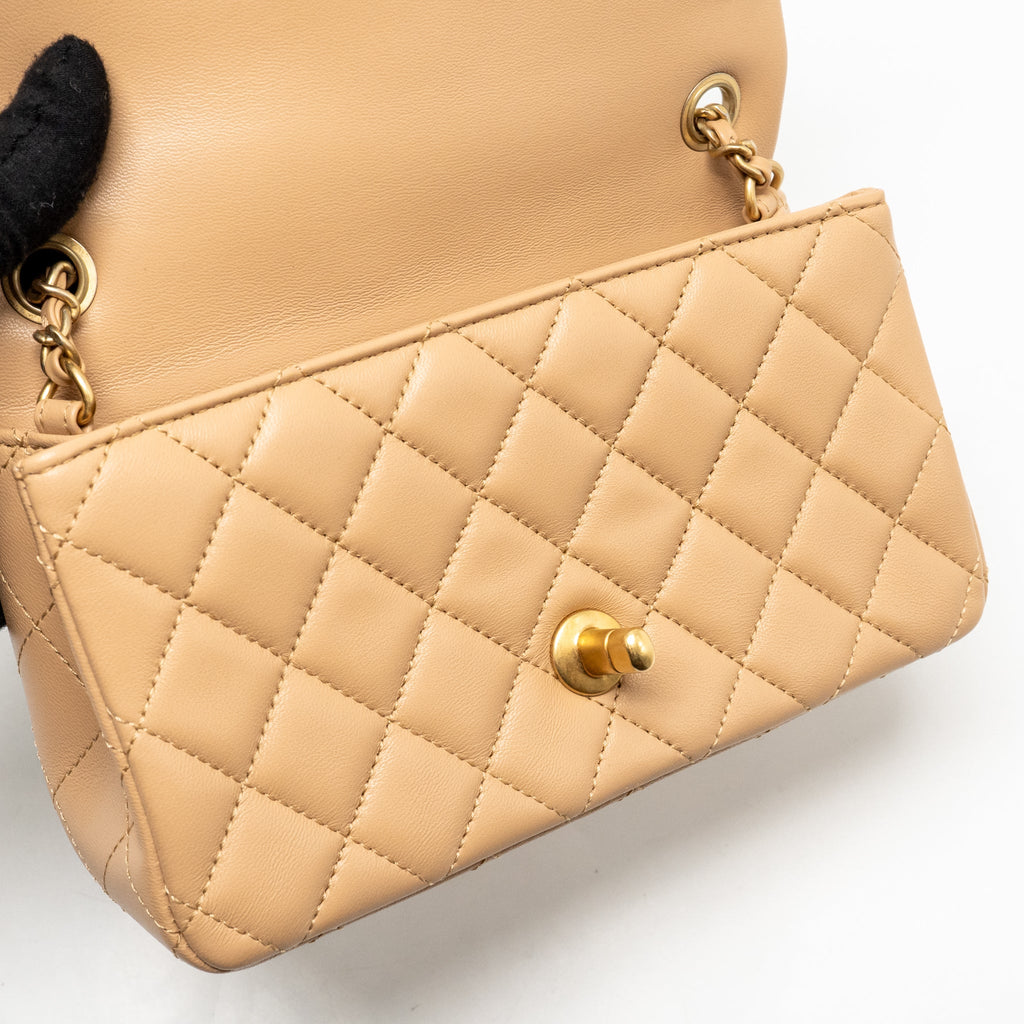 CHANEL PEARL CRUSH MINI RECTANGULAR FLAP BAG LAMBSKIN BEIGE GHW (MICROCHIP)