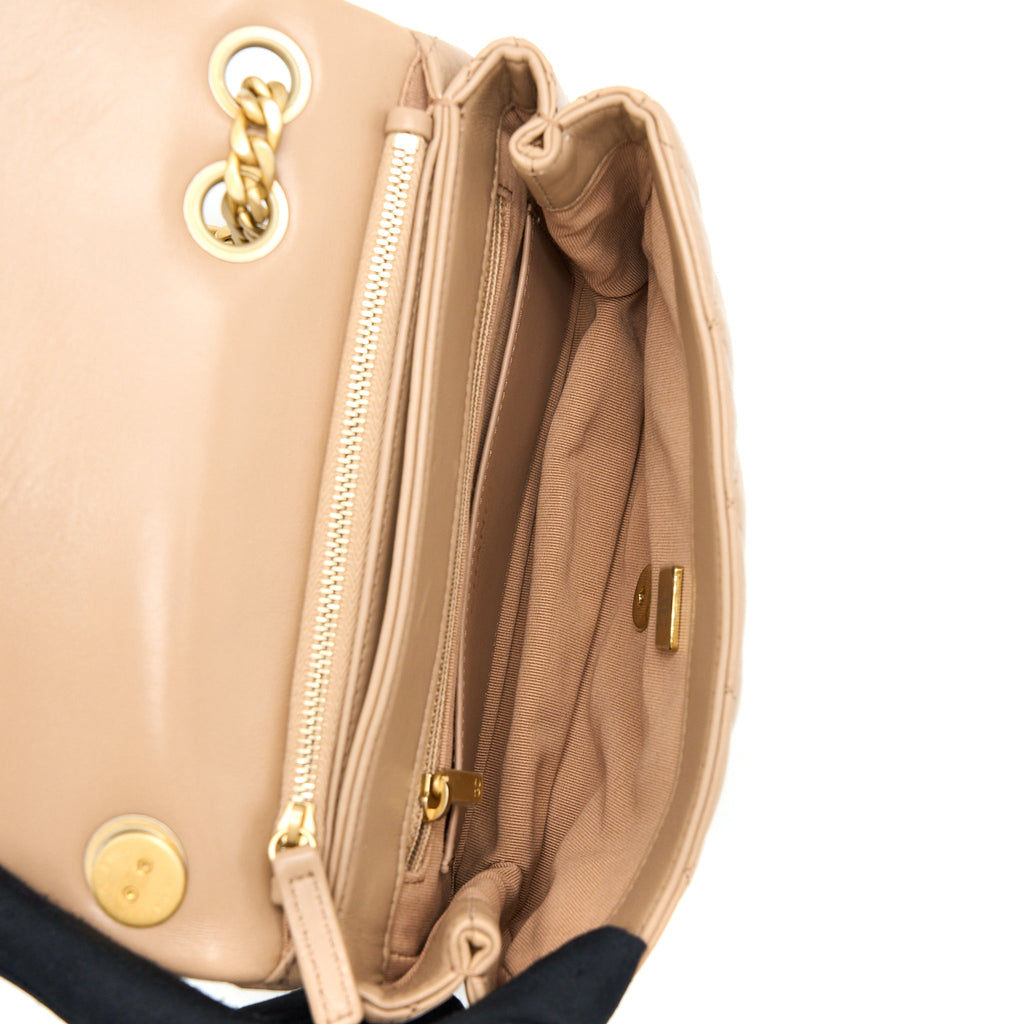 CHANEL 22K GOLD PILLAR ADJUSTABLE CHAIN FLAP BAG LAMBSKIN BEIGE GHW (MICROCHIP)