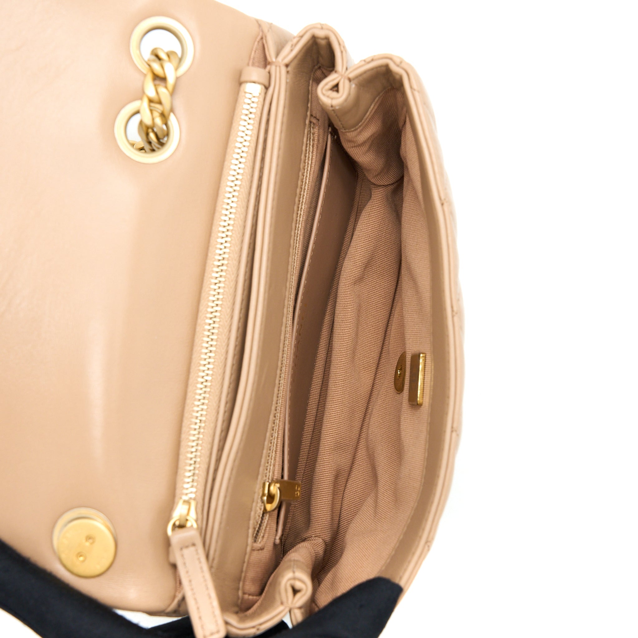 CHANEL 22K GOLD PILLAR ADJUSTABLE CHAIN FLAP BAG LAMBSKIN BEIGE GHW (MICROCHIP)