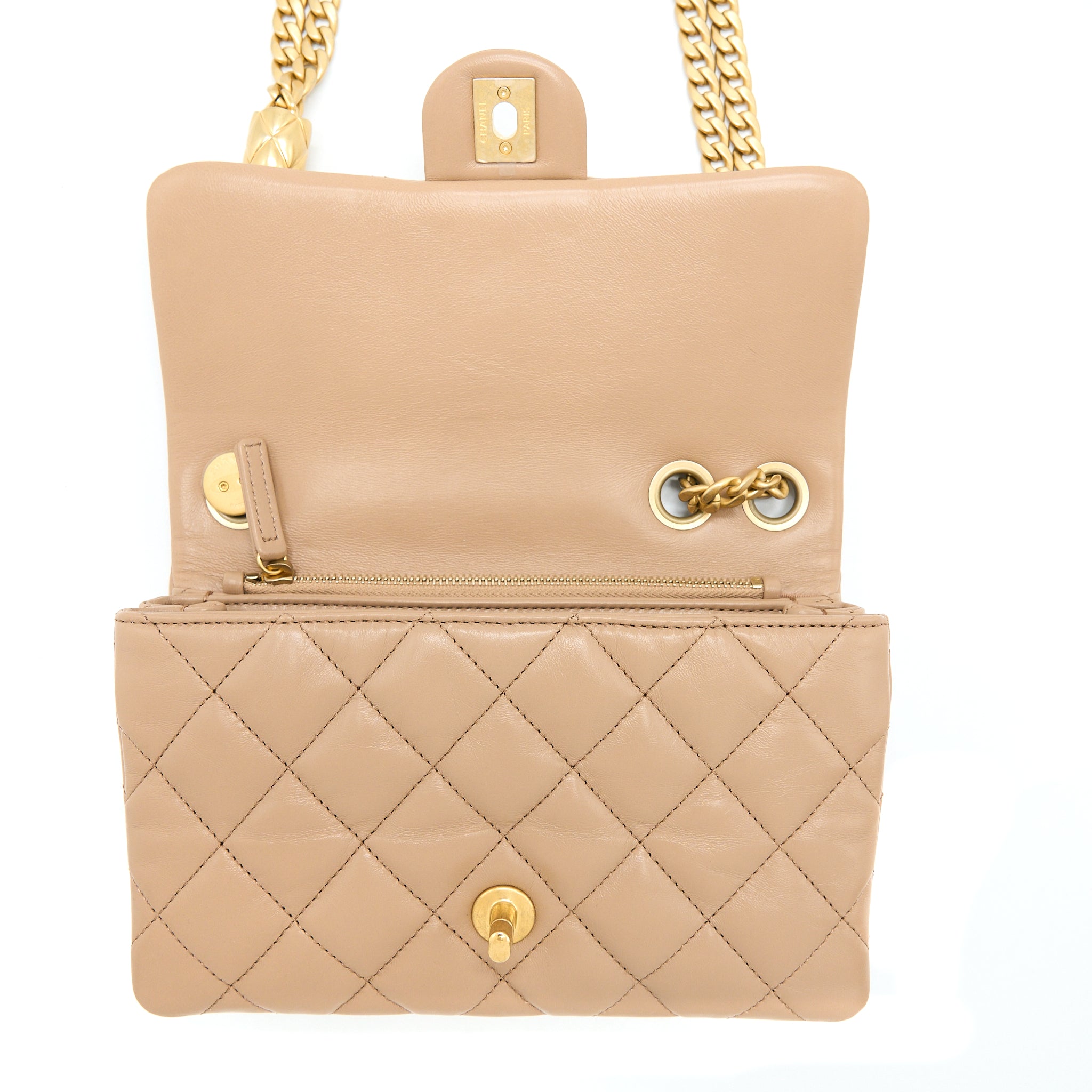 CHANEL 22K GOLD PILLAR ADJUSTABLE CHAIN FLAP BAG LAMBSKIN BEIGE GHW (MICROCHIP)