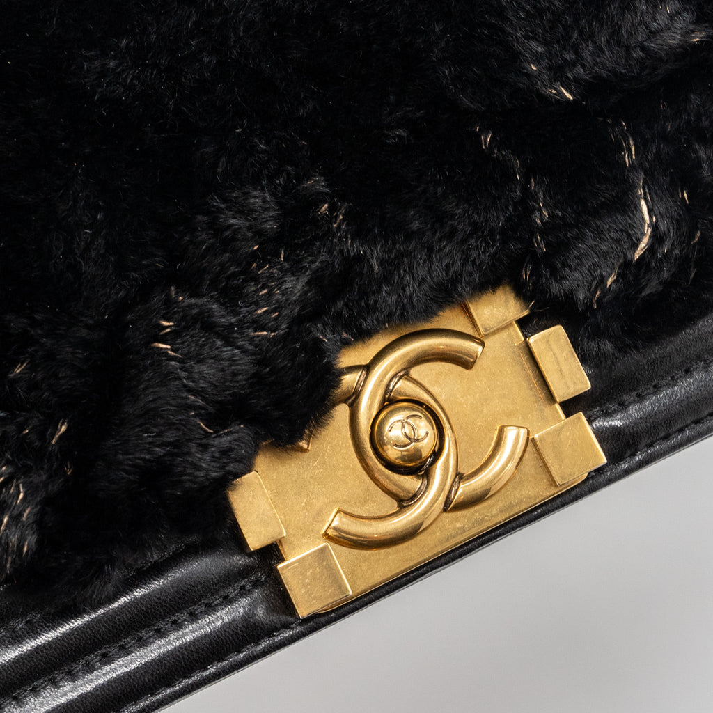 CHANEL SMALL BOY BAG RABBIT HAIR LIMITED EDITION LAMBSKIN BLACK GHW