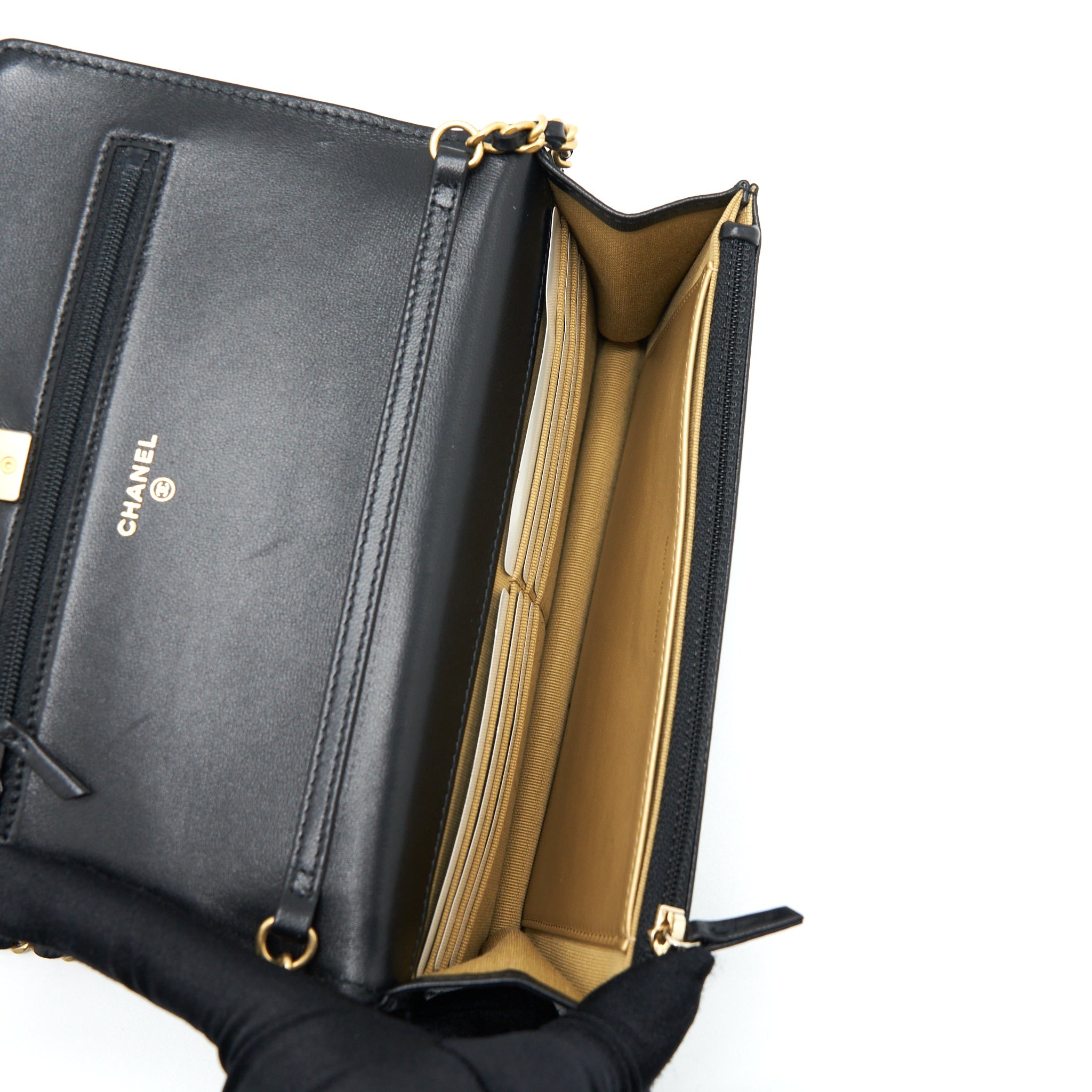 CHANEL PEARL CRUSH WALLET ON CHAIN LAMBSKIN BLACK GHW (MICROCHIP)