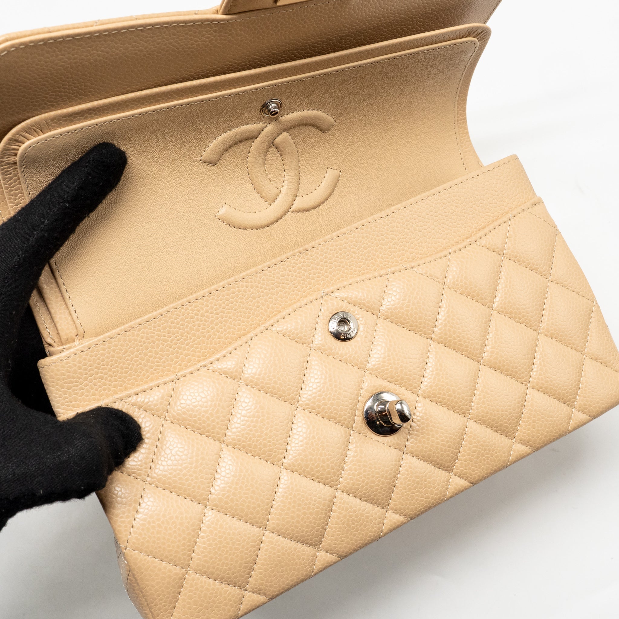 CHANEL SMALL CLASSIC DOUBLE FLAP BAG CAVIAR BEIGE SHW (MICROCHIP) (Copy)