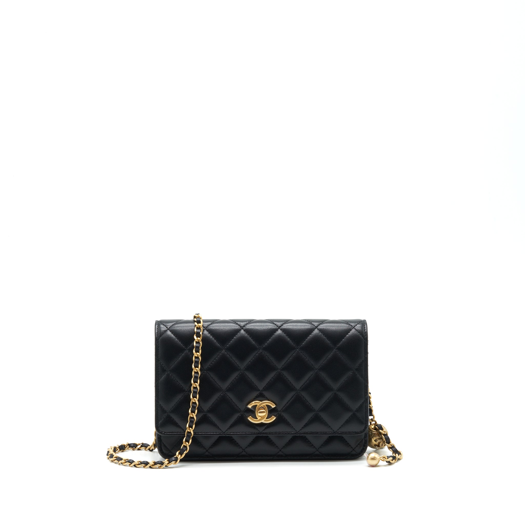 CHANEL 22C PEARL CRUSH WALLET ON CHAIN LAMBSKIN BLACK GHW (MICROCHIP)