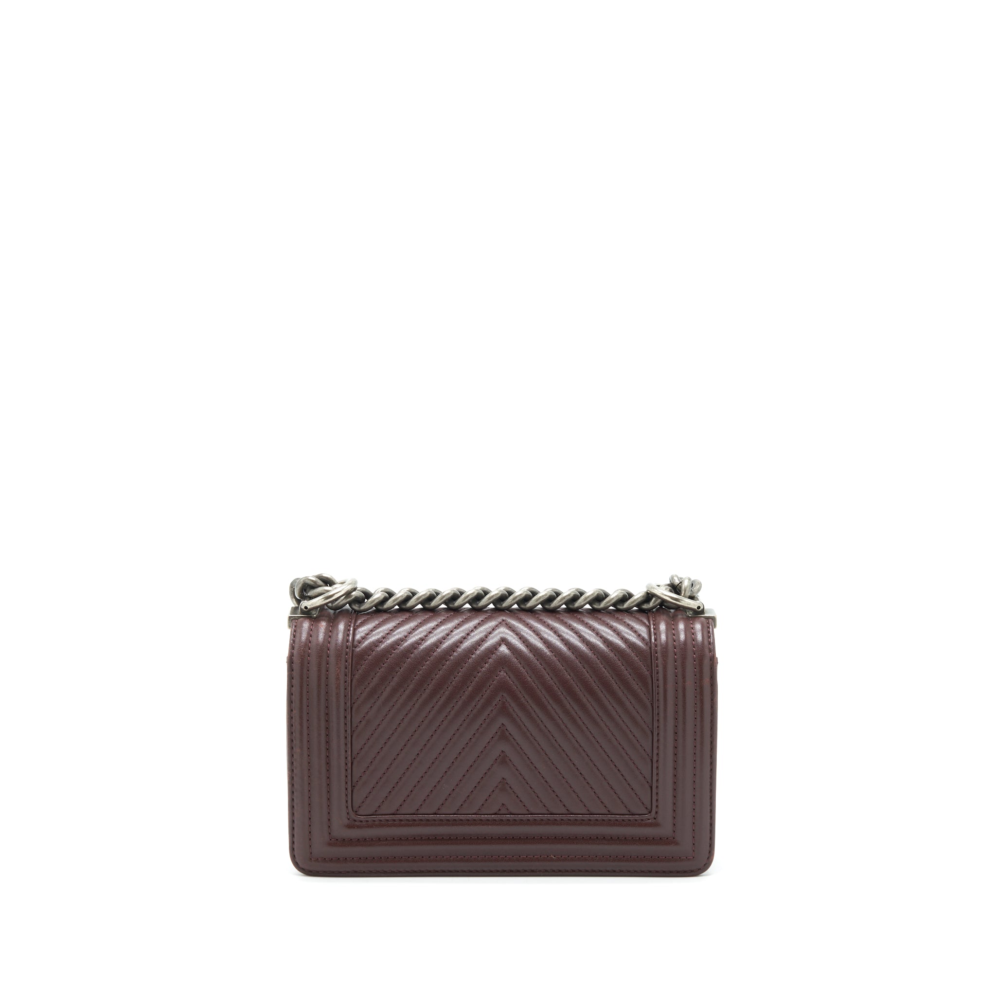 CHANEL CHEVRON SMALL BOY BAG LAMBSKIN BURGUNDY RUTHENIUM HARDWARE