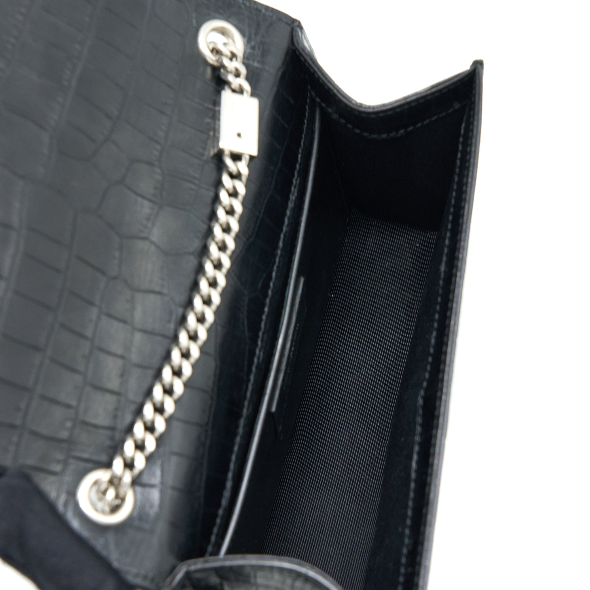 SAINT LAURENT KATE TASSEL CROC EMBOSSED CALFSKIN BLACK SHW