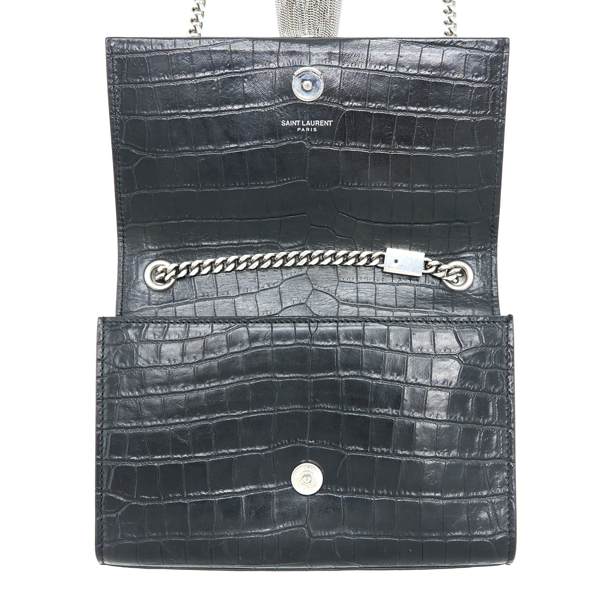 SAINT LAURENT KATE TASSEL CROC EMBOSSED CALFSKIN BLACK SHW