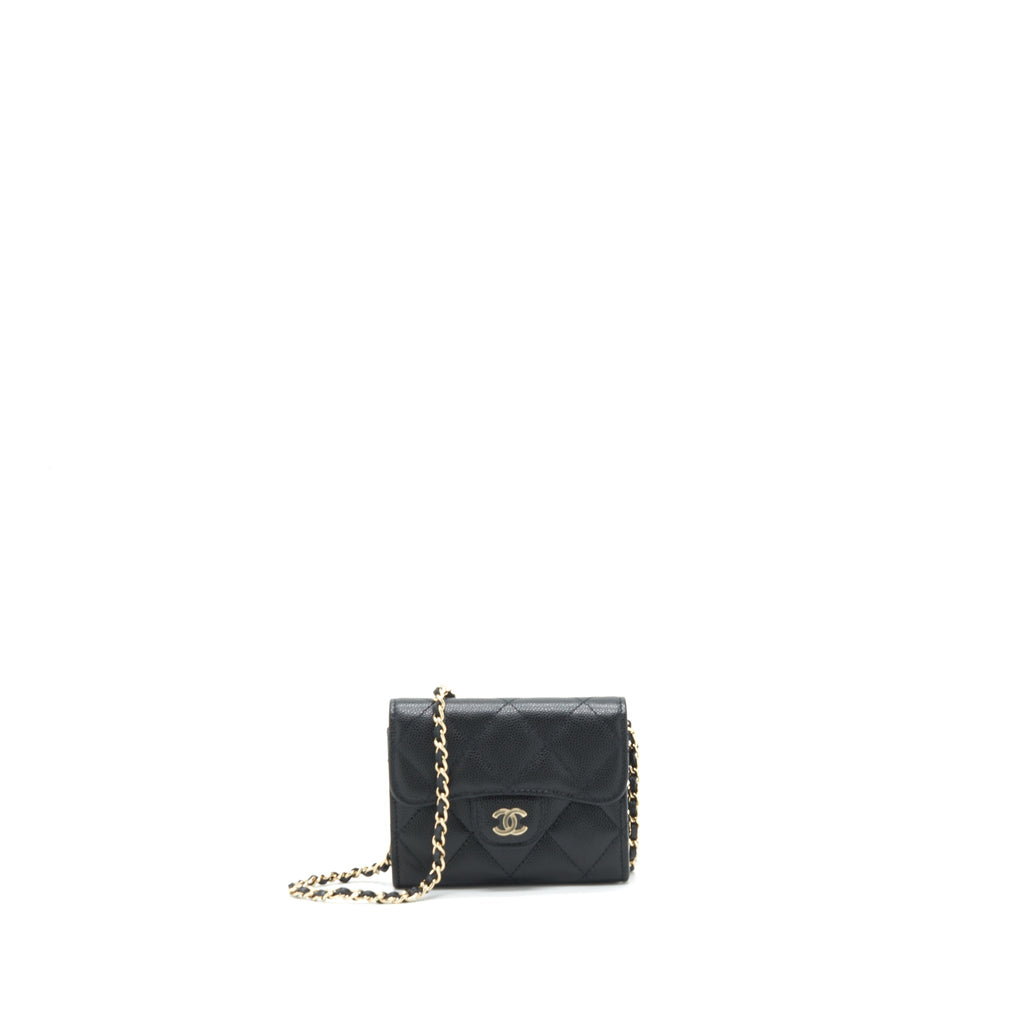 CHANEL MINI FLAP CARD HOLDER WITH CHAIN CAVIAR BLACK LGHW