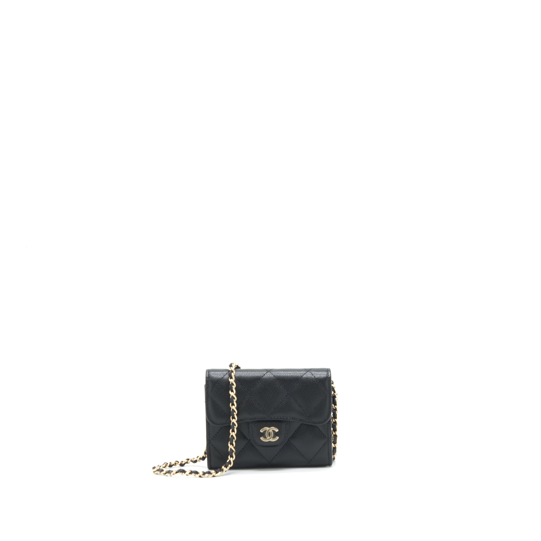 CHANEL MINI FLAP CARD HOLDER WITH CHAIN CAVIAR BLACK LGHW