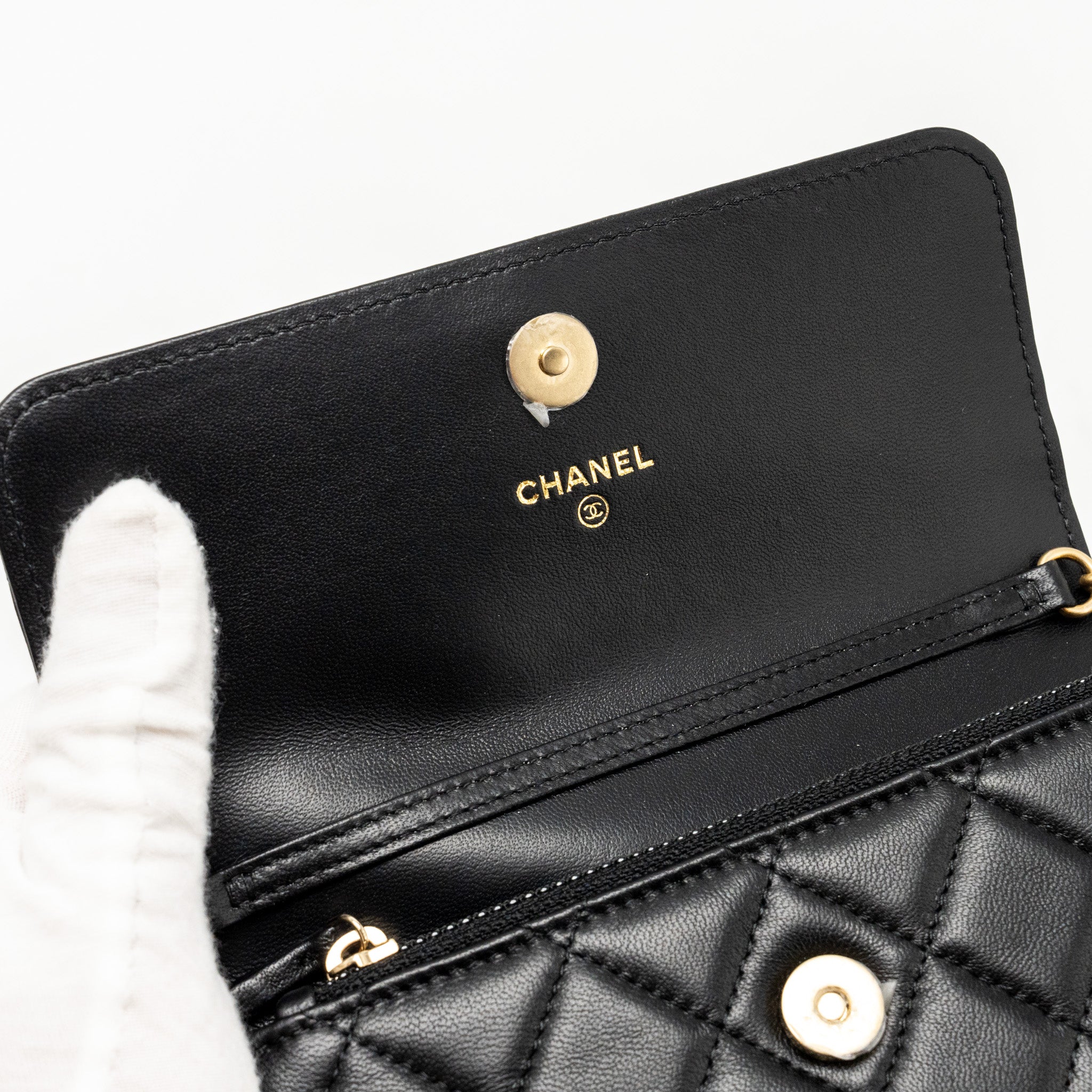 CHANEL PEARL CRUSH MINI FLAP WALLET WITH CHAIN LAMBSKIN BLACK GHW (MICROCHIP)