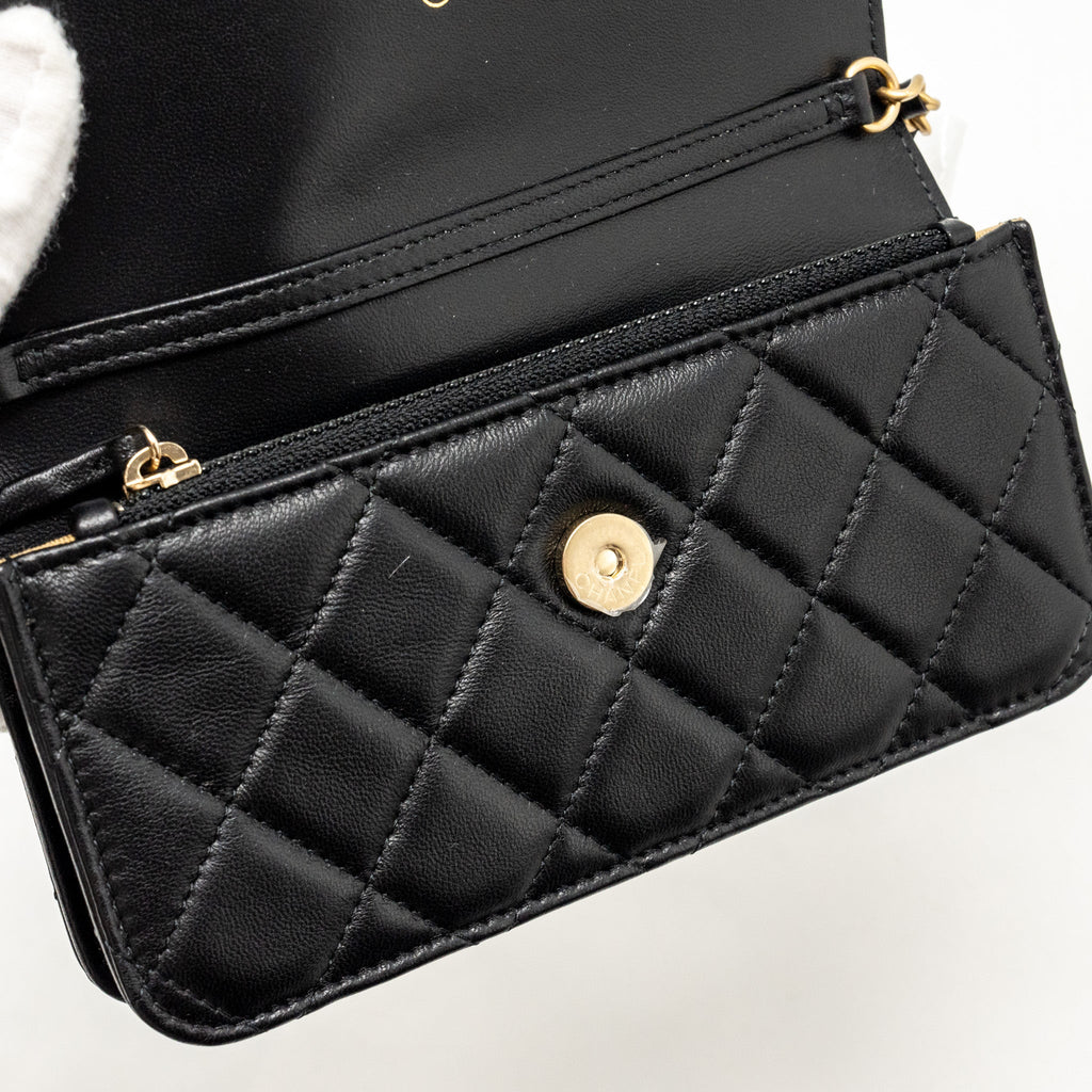 CHANEL PEARL CRUSH MINI FLAP WALLET WITH CHAIN LAMBSKIN BLACK GHW (MICROCHIP)