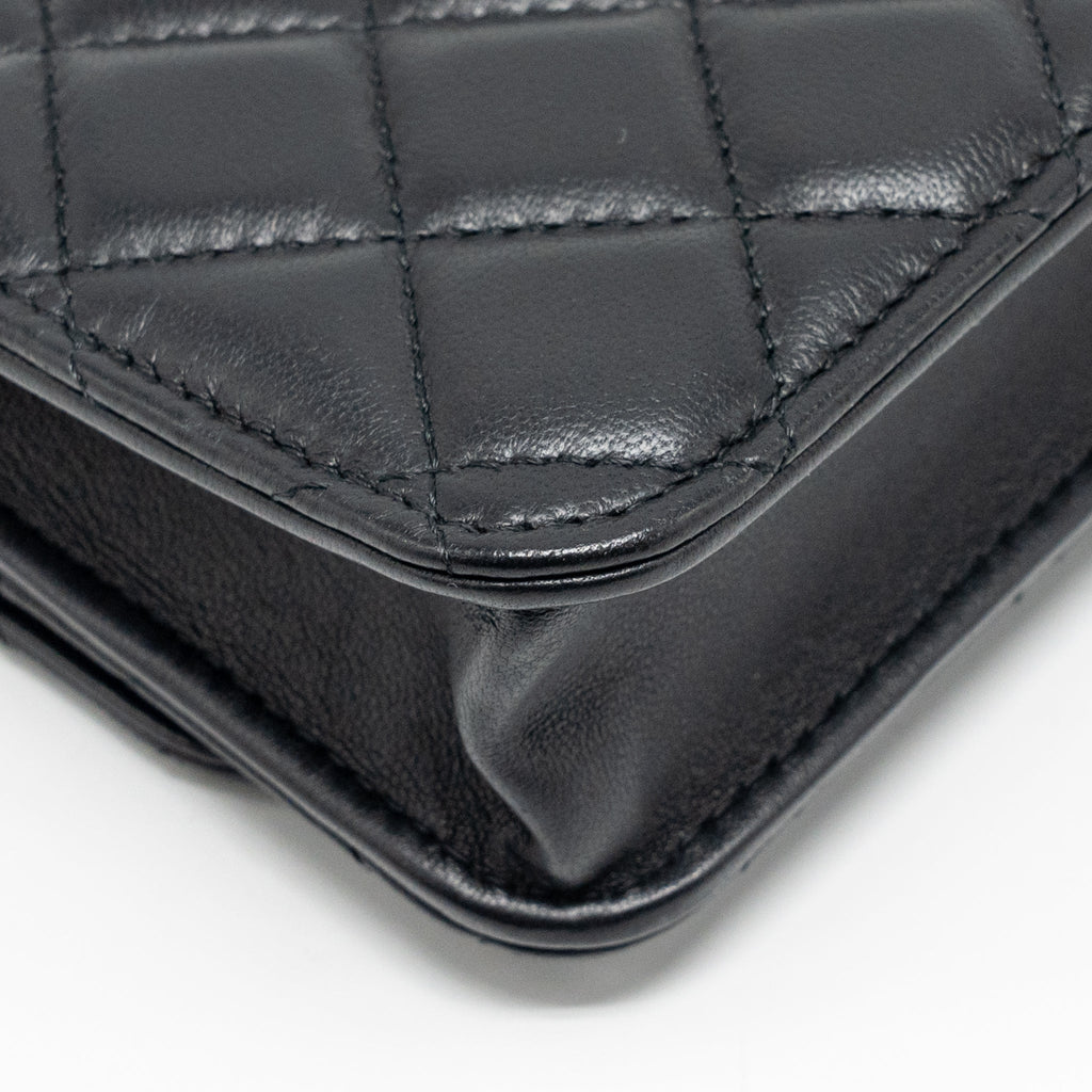 CHANEL PEARL CRUSH MINI WALLET ON CHAIN LAMBSKIN BLACK GHW (MICROCHIP)
