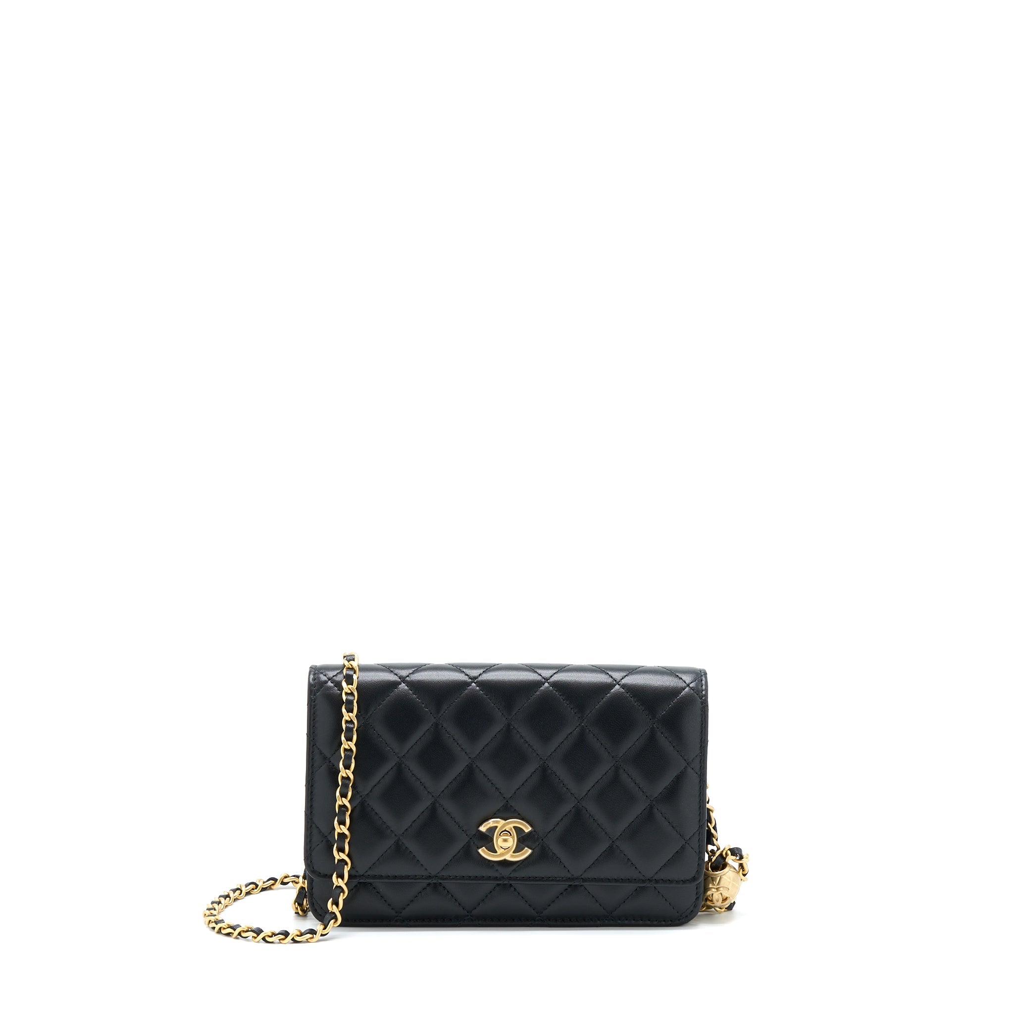 CHANEL 22B PEARL CRUSH WALLET ON CHAIN LAMBSKIN BLACK GHW (MICROCHIP)